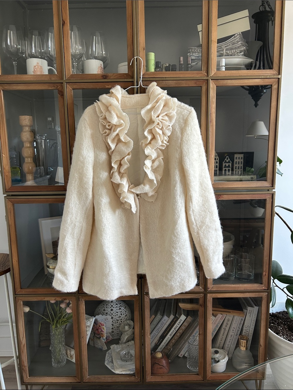 Vintage Wool Cream Ruffle-Trim Blazer Jacket